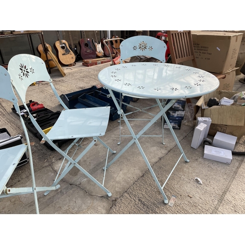 1841 - A MODERN METALWARE PAINTED FOLDING PATIO TABLE AND TWO CHAIRS