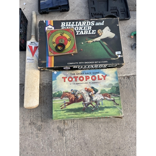 1860 - THREE VINTAGE BOARD GAMES AND A CRICKET BAT ETC