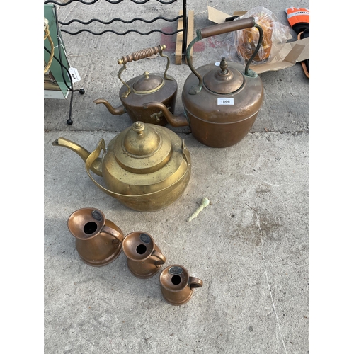 1866 - TWO VINTAGE COPPER KETTLES, A BRASS KETTLE AND THREE GRADUATED COPPER JUGS