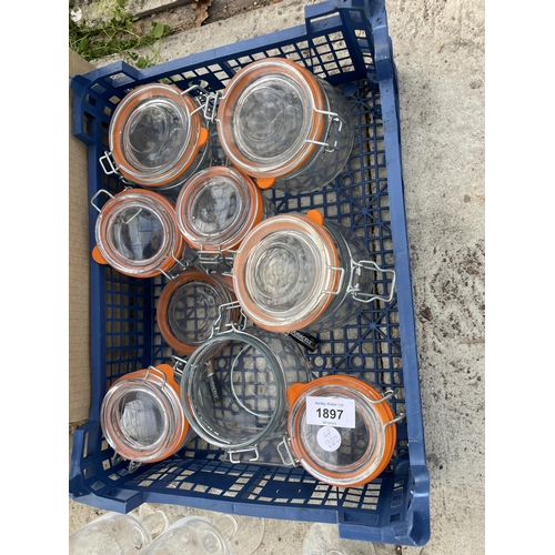 1897 - A LARGE QUANTITY OF MORETTI HALF PINT AND PINT GLASSES AND SEVERAL KILNER JARS