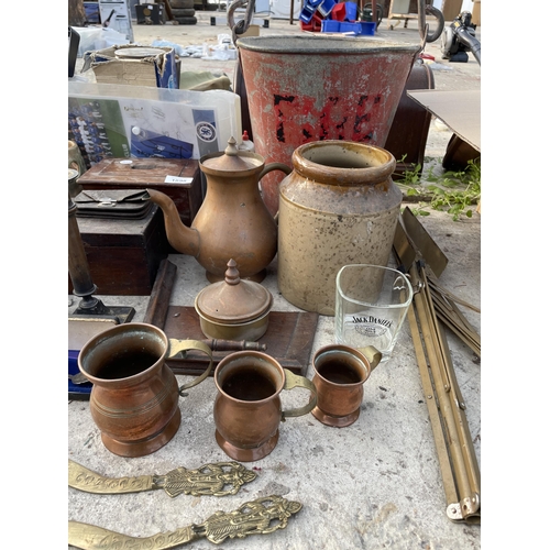 1898 - AN ASSORTMENT OF VINTAGE ITEMS TO INCLUDE CANDLE STICKS, BINOCULARS AND KETTLES ETC