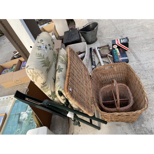 1910 - TWO WICKER BASKETS AND A FOLDING GARDEN CHAIR WITH CUSHION