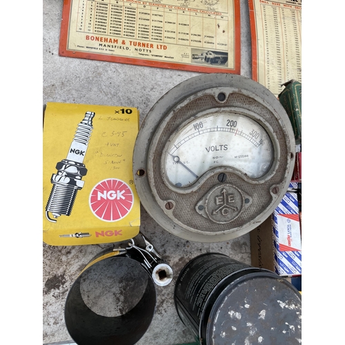 2030 - AN ASSORTMENT OF VINTAGE ITEMS TO INCLUDE SPARK PLUGS, A VOLT METER AND OIL CANS ETC