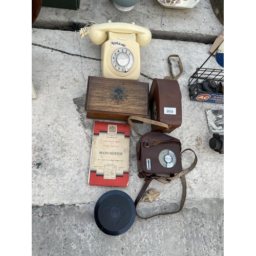 2032 - AN ASSORTMENT OF VINTAGE ITEMS TO INCLUDE A DIAL TELEPHONE, CAMERAS AND A WOODEN BOX ETC