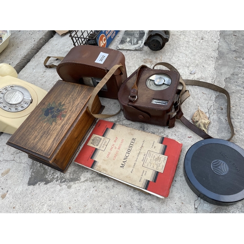 2032 - AN ASSORTMENT OF VINTAGE ITEMS TO INCLUDE A DIAL TELEPHONE, CAMERAS AND A WOODEN BOX ETC