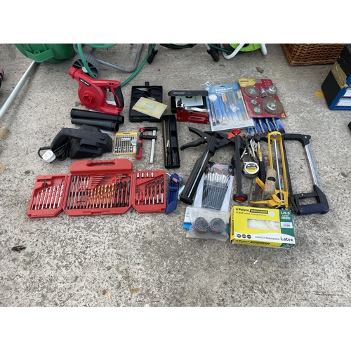 2058 - A LKARGE ASSORTMENT OF TOOLS TO INCLUDE DRILL BITS, A WOOD PLANE AND PLIERS ETC