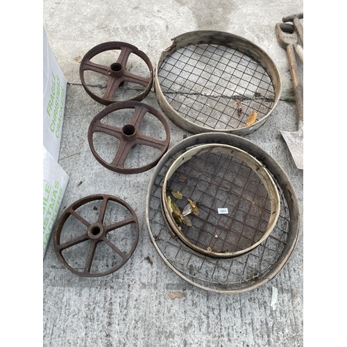 2069 - THREE VINTAGE RIDDLE SIEVES AND THREE PULLEY WHEELS