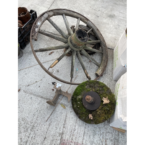 2071 - A VINTAGE CART WHEEL, A VINTAGE GRIND STONE AND A COBBLERS LAST ETC