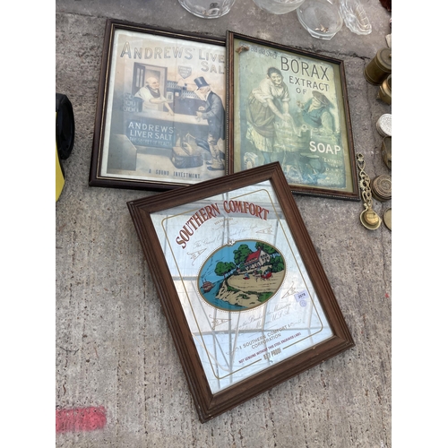 2078 - TWO FRAMED PRINTS AND A SOUTHERN COMFORT MIRROR