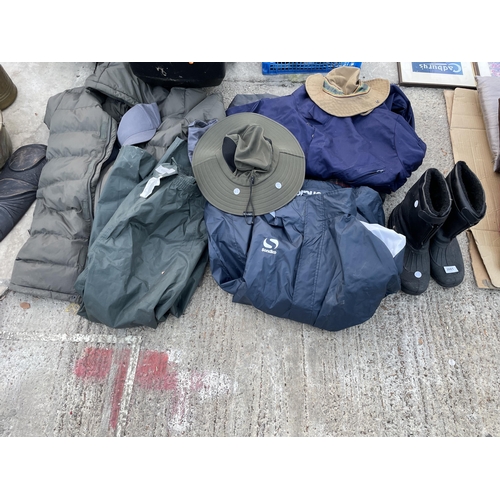 2081 - AN ASSORTMENT OF WATERPROOF CLOTHING AND BOOTS ETC