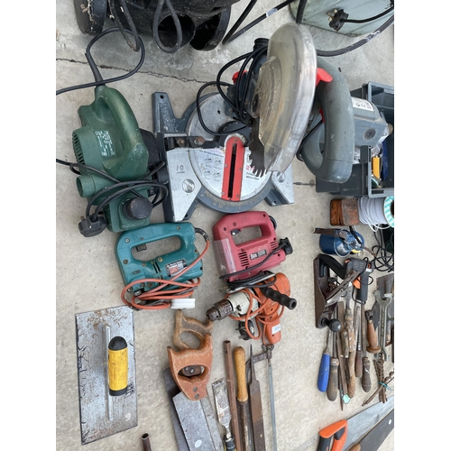 2085 - AN ASSORTMENT OF TOOLS TO INCLUDE A PRO COMPOUND MITRE SAW, JIG SAWS AND FILES ETC