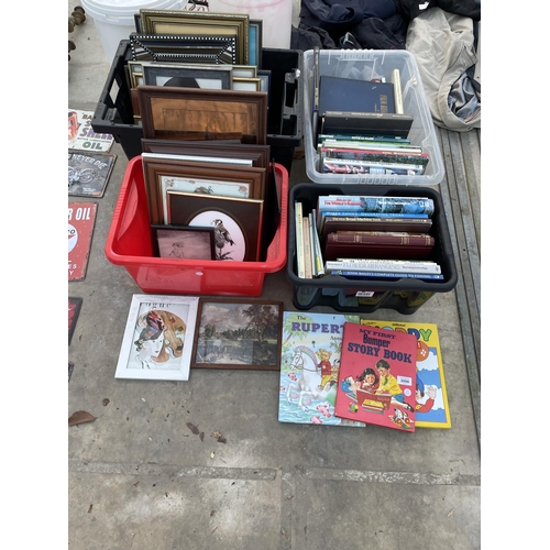 2090 - A LARGE ASSORTMENT OF BOOKS AND FRAMED PRINTS ETC