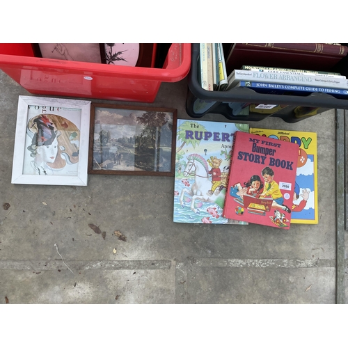 2090 - A LARGE ASSORTMENT OF BOOKS AND FRAMED PRINTS ETC