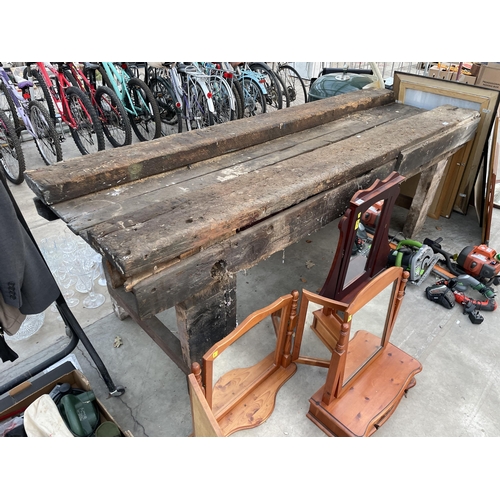 2102 - A LARGE VINTAGE WOODEN WORK BENCH