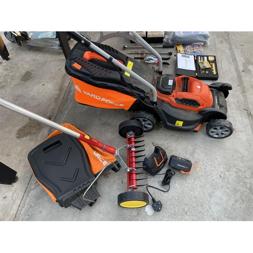 2116 - A YARD FORCE BATTERY POWERED LAWN MOWER AND A GRASS SLITTER