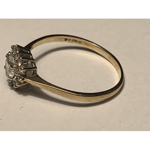 717 - A 9 CARAT GOLD RING WITH A CENTRE HEART DESIGN CUBIC ZIRCONIA SURROUNDED BY THE SAME STONE SIZE T/U