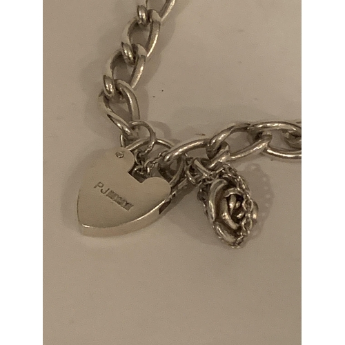 831 - A SILVER BRACELET WITH ROSE CHARM AND A HEART PADLOCK