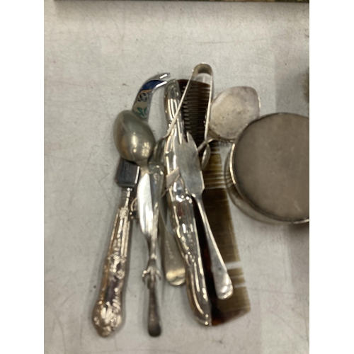 39 - VARIOUS SILVER ITEMS TO INCLUDE TWO BRUSHES A PIN CUSHION AND SEVERAL ITEMS OF FLATWARE ETC