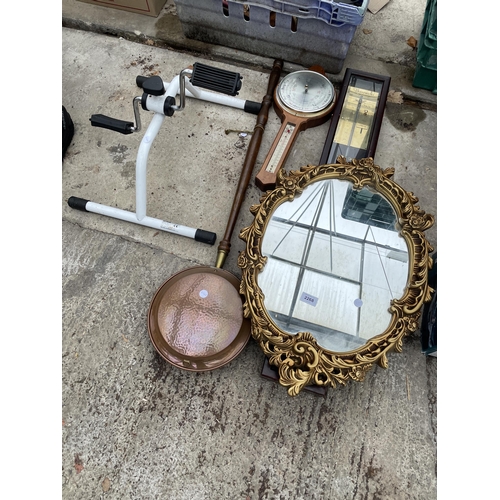 2268 - AN ASSORTMENT OF ITEMS TO INCLUDE BAROMETERS, A  MIRROR AND A BED WARMING PAN ETC