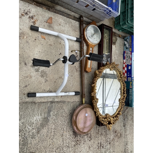 2268 - AN ASSORTMENT OF ITEMS TO INCLUDE BAROMETERS, A  MIRROR AND A BED WARMING PAN ETC