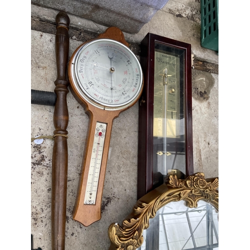 2268 - AN ASSORTMENT OF ITEMS TO INCLUDE BAROMETERS, A  MIRROR AND A BED WARMING PAN ETC