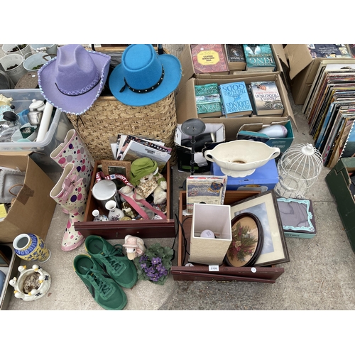 2138 - AN ASSORTMENT OF ITEMS TO INCLUDE CERAMICS, A BIRD CAGE AND PRINTS ETC