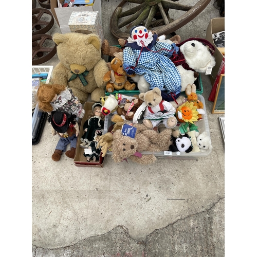 2141 - A LARGE ASSORTMENT OF DOLLS AND TEDDIES ETC