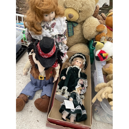 2141 - A LARGE ASSORTMENT OF DOLLS AND TEDDIES ETC