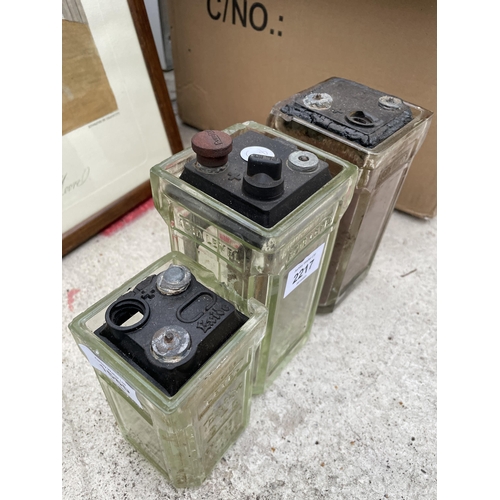 THREE VINTAGE GLASS CAR BATTERIES