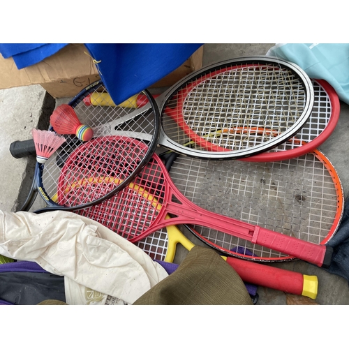 2235 - AN ASSORTMENT OF SPORTS MAGAZINES AND TENNIS RACKETS ETC