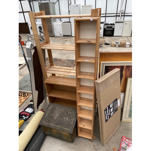 2238 - AN ASSORTMENT OF WOODEN SHELVING UNITS AND A BRASS LOG BOX