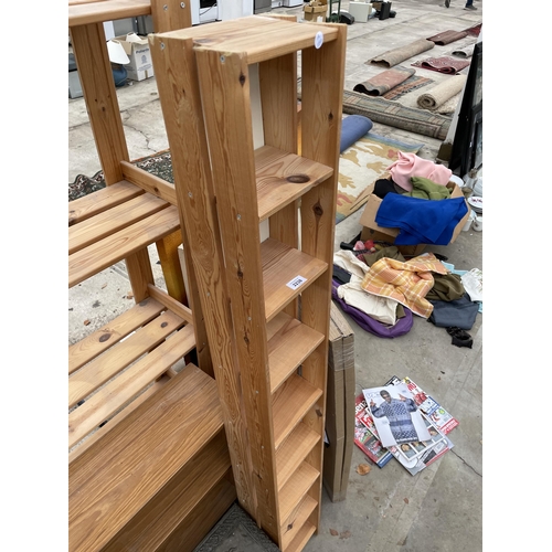 2238 - AN ASSORTMENT OF WOODEN SHELVING UNITS AND A BRASS LOG BOX