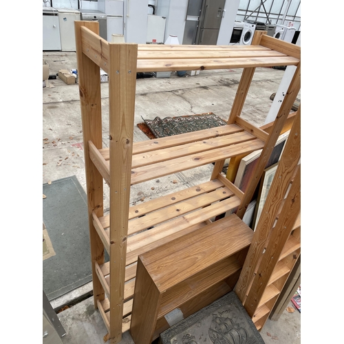 2238 - AN ASSORTMENT OF WOODEN SHELVING UNITS AND A BRASS LOG BOX