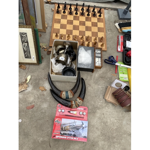 2240 - AN ASSORTMENT OF ITEMS TO INCLUDE TROPHIES, A CHESS SET AND BOARD AND AN AIRFIX MODEL KIT ETC