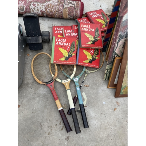 2242 - AN ASSORTMENT OF VINTAGE TENNIS RACKETS AND FULL EAGLE ANNUALS COLLECTION