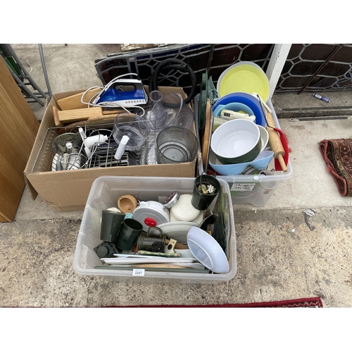 2247 - A LARGE ASSORTMENT OF ITEMS TO INCLUDE KETTLES, CERAMICS AND IRONS ETC