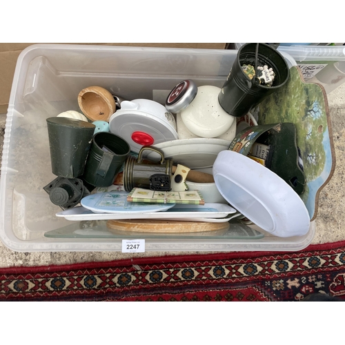 2247 - A LARGE ASSORTMENT OF ITEMS TO INCLUDE KETTLES, CERAMICS AND IRONS ETC