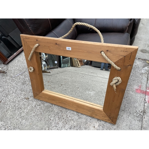 2908 - A MODERN PINE AND ROPE WALL MIRROR, 36 X 28