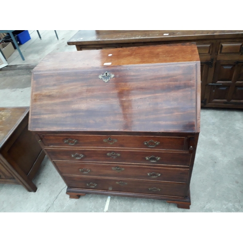 2928 - A GEORGE III MAHOGANY BUREAU WITH FITTED INTERIOR, FOUR GRADUATED DRAWERS TO BASE, 38