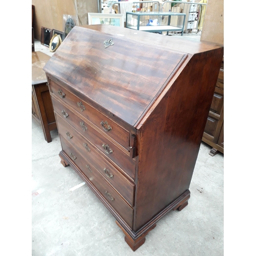 2928 - A GEORGE III MAHOGANY BUREAU WITH FITTED INTERIOR, FOUR GRADUATED DRAWERS TO BASE, 38