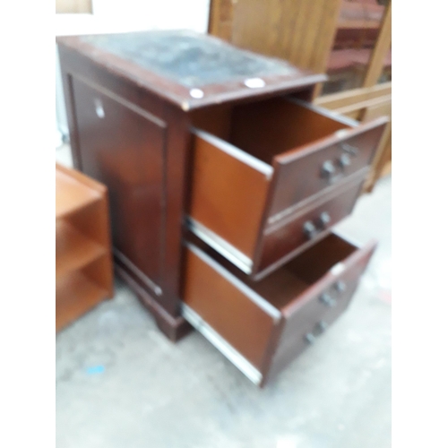 2938 - A MODERN MAHOGANY TWO DRAWER FILING CABINET WITH INSET LEATHER TOP