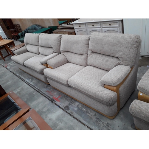 2945 - A RETRO G-PLAN THREE PIECE LOUNGE SUITE COMPRISING TWO SETTEES AND AN EASY CHAIR