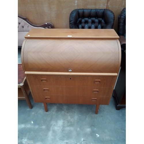 2948 - A RETRO TEAK CYLINDER BUREAU WITH THREE DRAWERS TO THE BASE, 35.5