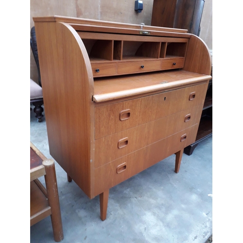 2948 - A RETRO TEAK CYLINDER BUREAU WITH THREE DRAWERS TO THE BASE, 35.5