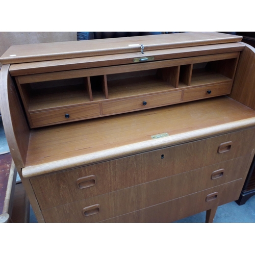 2948 - A RETRO TEAK CYLINDER BUREAU WITH THREE DRAWERS TO THE BASE, 35.5