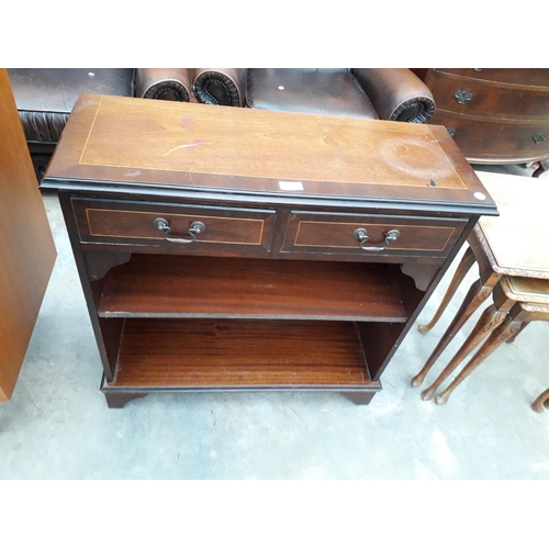 2949 - MAHOGANY AND CROSSBANDED OPEN BOOKSHELVES WITH TWO FRIEZE DRAWERS, 30