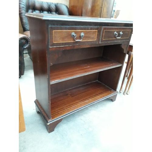 2949 - MAHOGANY AND CROSSBANDED OPEN BOOKSHELVES WITH TWO FRIEZE DRAWERS, 30