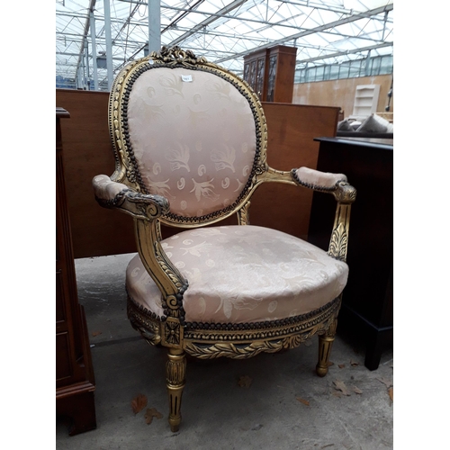 2961 - A CONTINENTAL STYLE GILT OPEN ARMCHAIR WITH FOLIATE DECORATION