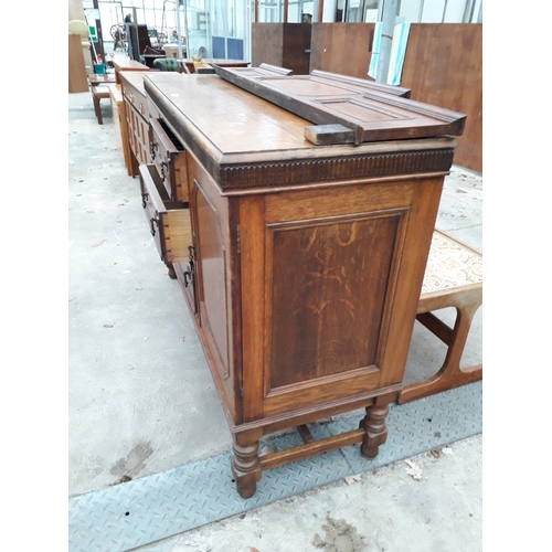 2964 - AN EARLY 20TH CENTURY OAK JACOBEAN STYLE SIDEBOARD WITH RAISED BACK, 56