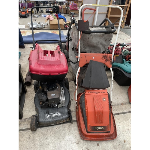 2308N - TWO LAWN MOWERS TO INCLUDE A FLYMO AND A PETROL MOUNTFIELD MOWER COMPLETE WITH GRASS BOX